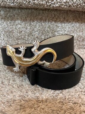 Chico’s Black Leather Belt with Gold and Silver Lizard Gecko Iguana. Jewels. M\L